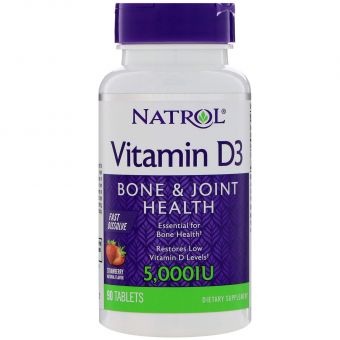 Витамин Д3, Vitamin D3, Natrol, вкус клубники, 5000 МЕ, 90 таб.