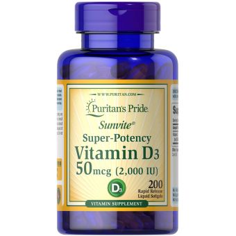 Вітамін Д3, Vitamin D3, Puritan's Pride, 2000 МО, 200 капсул