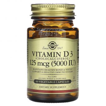 Витамин Д3, Vitamin D3, Solgar, 125 мкг (5000 МЕ), 60 вегетарианских капсул