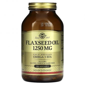 Льняное масло, Flaxseed Oil, Solgar, 1250 мкг, 100 гелевых капсул