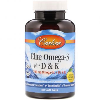 Омега 3 + вітамін Д3 і вітамін К, Omega-3 Plus D & K, Carlson, 60 гелевих капсул