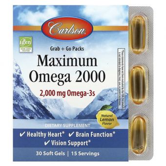 Омега с натуральным вкусом лимона, Maximum Omega 2000, Carlson, 2000 мг, 30 гелевых капсул (1000 мг на мягкую гелевую капсулу)