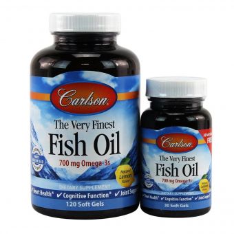 Рыбий жир со вкусом лимона, Fish Oil, Carlson, 700 мг, 120 + 30 капсул