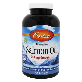 Масло лосося, Salmon Oil, Carlson, норвезьке, 500 мг, 300 капсул