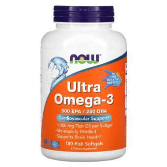 Омега-3 ультра, Ultra Omega-3, Now Foods, 500 ЭПК/ 250 ДГК, 180 рыбных гелевых капсул  