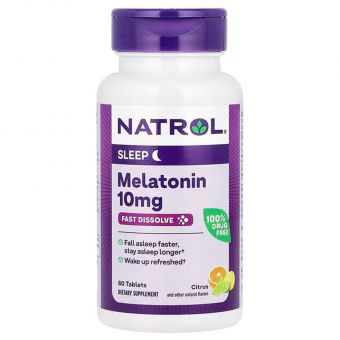 Мелатонин, Melatonin, Natrol, быстрорастворимый, максимальная сила, цитрусовый, 10 мг, 60 таблеток для рассасывания