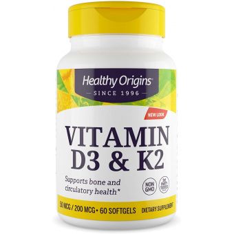 Вітамін Д3 і К2, Vitamin D3 + K2, Healthy Origins, 60 гелевих капсул