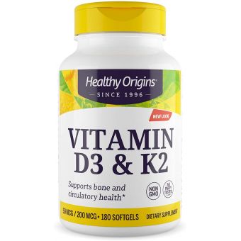 Вітамін Д3 і К2, Vitamin D3 + K2, Healthy Origins, 180 гелевих капсул