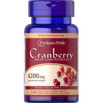 Клюква с витаминами С и Е, Cranberry Fruit Concentrate, Puritan's Pride, фруктовый концентрат, 4200 мг, 100 гелевых капсул