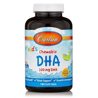 Рыбий жир для детей, Kids Chewable DHA, Carlson, апельсин, 100 мг, 180 гелевых капсул