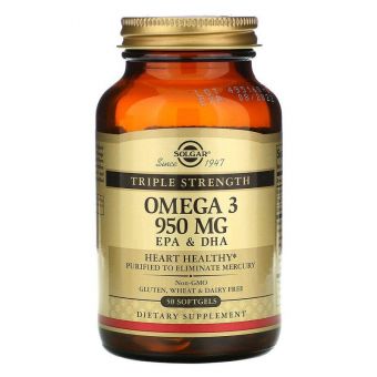 Омега-3, рыбий жир, Omega-3, EPA & DHA, Solgar, тройная сила, 950 мг, 50 гелевых капсул