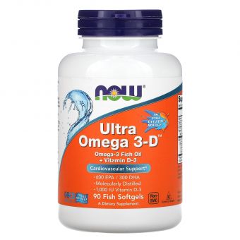 Омега-3 ультра + витамин Д3, Ultra Omega 3-D, Now Foods, 600 EPA / 300 DHA, 90 рыбьих гелевых капсул