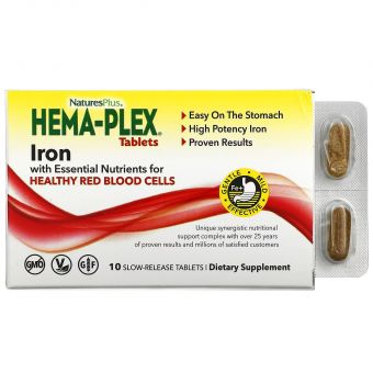 Железо и питательные вещества для здоровья эритроцитов, Iron with Essential Nutrients, Hema-Plex, NaturesPlus, 10 таблеток с замедленным высвобождением