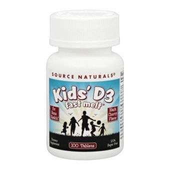 Витамин Д3 для детей, Kids D-3 400 IU, Source Naturals, вкус черной вишни, 100 быстрорастворимых таблеток