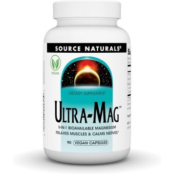 Магний ультра, Ultra-Mag, Source Naturals, 5-в-1, расслабляет мышцы и успокаивает нервы, 90 веганских капсул