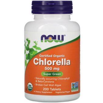 Хлорела (Chlorella), Now Foods, сертифікована, органічна, 500 мг, 200 таблеток