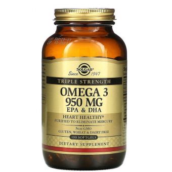 Омега-3, рыбий жир, Omega-3, EPA & DHA, Solgar, тройная сила, 950 мг, 100 гелевых капсул