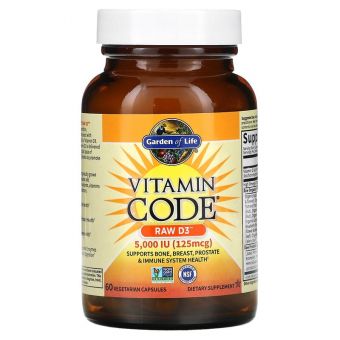 Сирі Вітаміни, Вітамін Д3, RAW D3, Vitamin Code, Garden of Life, 125 мкг (5000 МО), 60 вегетаріанських капсул