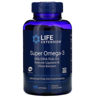  Омега-3 (супер), Super Omega-3, Life Extension, с лигнанами кунжута и экстрактом оливы, 120 капсул