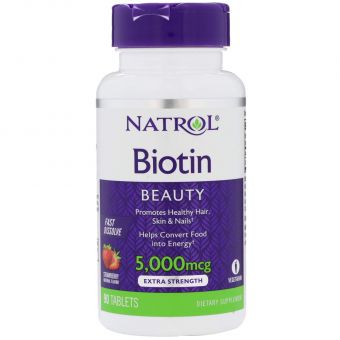 Биотин, Biotin, вкус клубники, Natrol, 5000 мкг, 90 таблеток