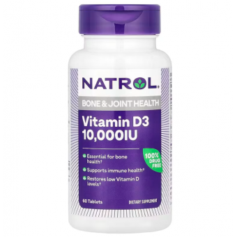  Витамин D3, Vitamin D3, Natrol, для здоровья костей и суставов, 10,000 МЕ, 60 таблеток