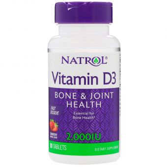 Витамин Д3, Vitamin D3, Natrol, клубника, 2000 МЕ, 90 таб.