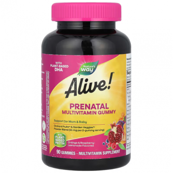 Пренатальные мультивитамины с ДГК, Prenatal Multi-Vitamin with DHA, Nature's Way, Alive! апельсин и малина-лимонад, 90 жевательных конфет