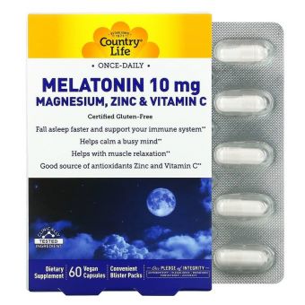 Мелатонин с магнием, цинком и витамином C, Melatonin, Country Life, 10 мг, 60 веганских капсул