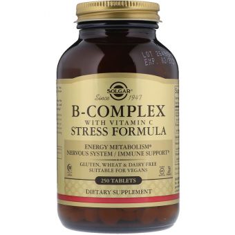 Комплекс витаминов В + С, B-Complex with Vitamin C, Solgar, стресс формула, 250 таблеток