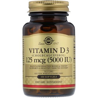 Вітамін Д3 (холекальциферол), Vitamin D3, Solgar, 125 мкг (5000 МО), 100 гелевих капсул