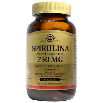 Спирулина, Spirulina, Solgar, 750 мг, 250 таблеток