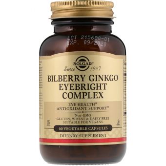 Черника, очанка и гинкго для зрения, Bilberry Ginkgo Eyebright, Solgar, комплекс, 60 вегетарианских капсул