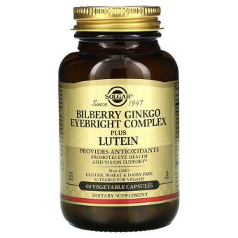 Чорниця, гінкго, очанка плюс лютеїн, Bilberry Ginkgo Eyebright Lutein, Solgar, комплекс, 60 капсул