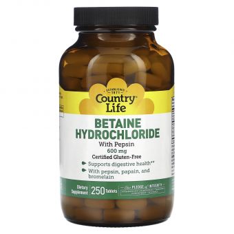 Бетаїну гідрохлорид, Betaine Hydrochloride, Country Life, 600 мг, 250 таблеток