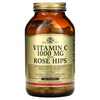 Витамин С с шиповником, Vitamin C with Rose Hips, Solgar, 1000 мг, 250 таблеток