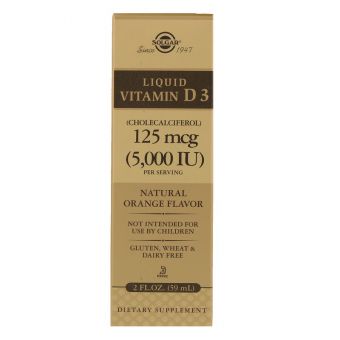 Витамин Д3, Liquid Vitamin D3, Solgar, 125 мкг (5000 МЕ), жидкий, вкус апельсина, 59 мл