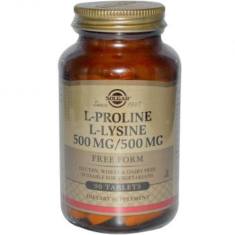 L-пролін і L-лізин, L-Proline / L-Lysine, Solgar, 500/500 мг, 90 таблеток