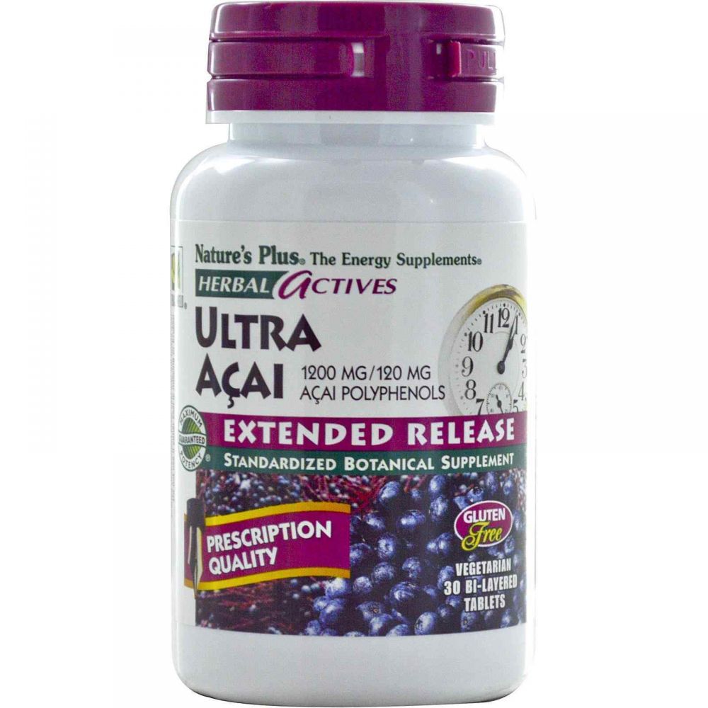 Асаи ультра, Ultra Acai, Nature's Plus, Herbal Actives, длительное высвобождение, 1200 мг, 30 двухслойных таблеток