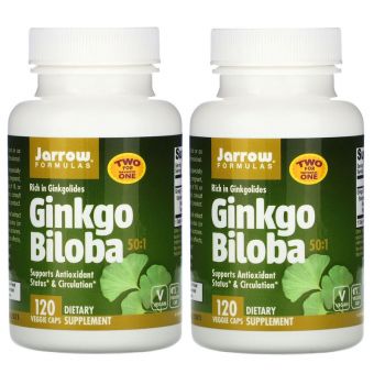 Гинкго Билоба, Ginkgo Biloba, 50:1, 2 банки, Jarrow Formulas, 60 мг, 120 капсул в каждой банке