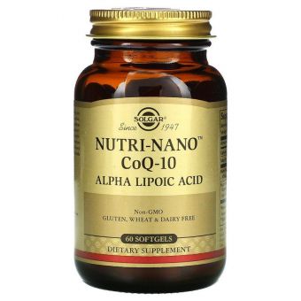 Коэнзим Q10 и альфа липоевая кислота, Nutri-Nano CoQ-10 Alpha Lipoic Acid, Solgar, 60 гелевых капсул