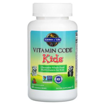 Мультивитамины для детей, Multivitamin for Kids, Garden of Life, Vitamin Code, цельнопищевые, вкус ягод вишня, 60 жевательных таблеток