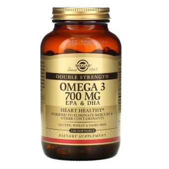 Омега-3, рыбий жир, Omega-3, EPA & DHA, Solgar,  двойная сила, 700  мг, 120 гелевых капсул