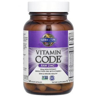 Сырой Цинк с витамином С, Vitamin Code, Raw Zinc, Garden of Life, Vitamin Code, 60 капсул