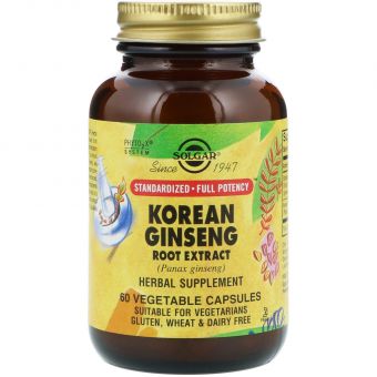 Женьшень корейский, Korean Ginseng, Solgar, экстракт корня, 60 вегетарианских капсул