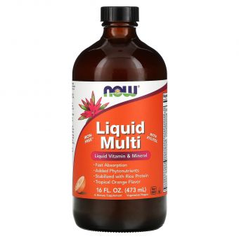 Мультивитамины, Liquid Multi, Now Foods, жидкие, без железа, тропический апельсин, 473 мл