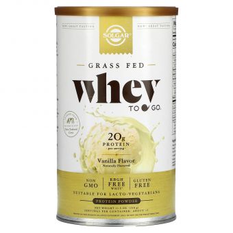 Сироватковий протеїн, Grass Fed Whey To Go Solgar, порошок, смак ванілі, 338 г