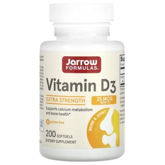 Витамин Д3, холекальциферол,  Vitamin D3, Jarrow Formulas, 1000 МЕ, 200 капсул