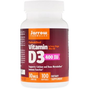  Витамин Д3 (холекальциферол), Vitamin D3, Jarrow Formulas, 400 МЕ, 100 капсул