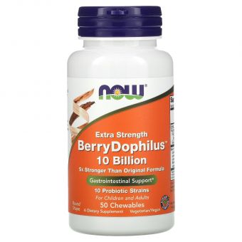 Пробиотики Дофилус, Berry Dophilus, Now Foods, экстра сила, вкус ягод, 50 жевательных таблеток