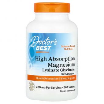 Магний хелат, Magnesium, Doctor's Best, с высокой степенью усвоения, 200 мг, 240 таблеток (100 мг в таблетке)